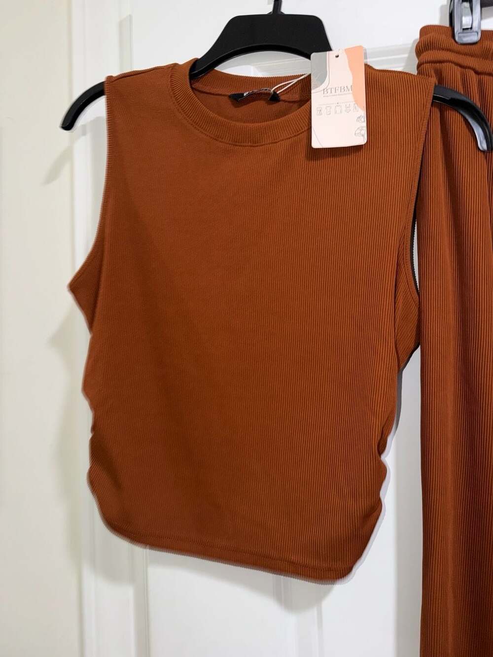 BTFBM Women 2 Piece Ribbed Knit Set Rust Medium - Picture 3 of 6